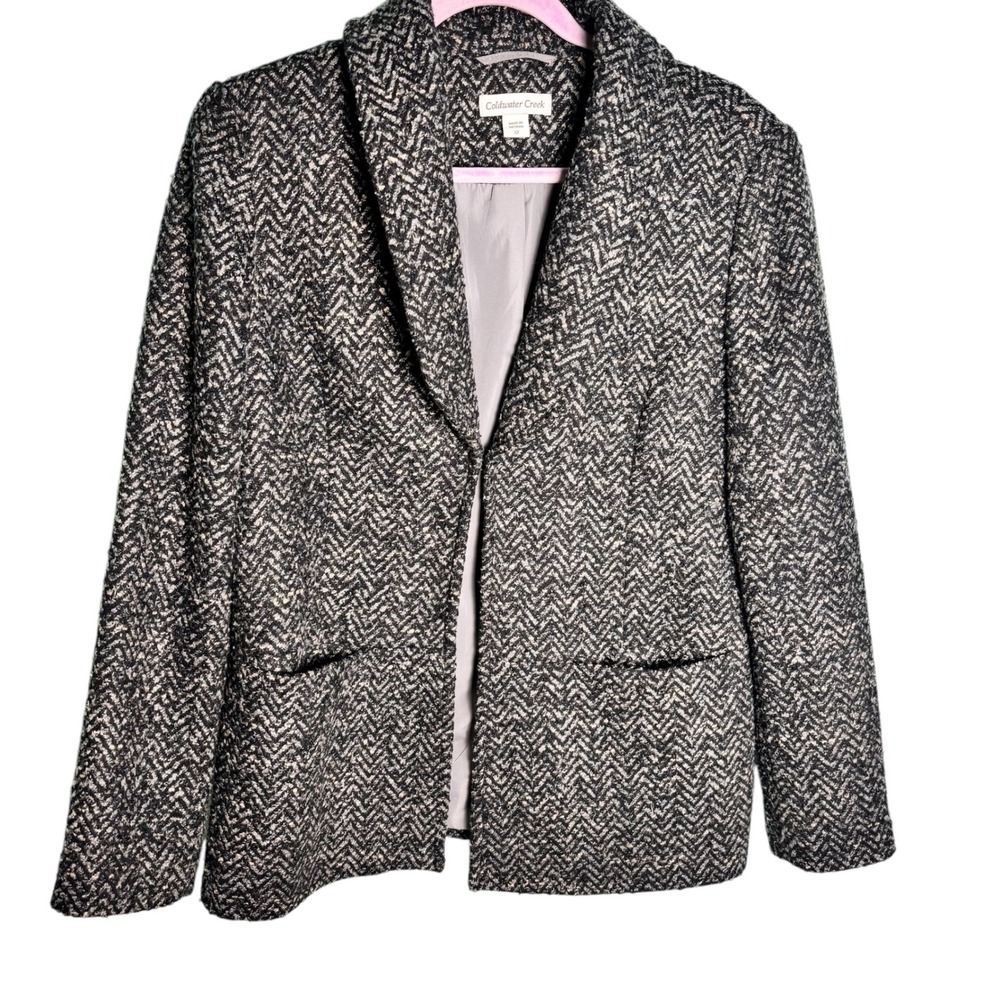 Coldwater Creek Herringbone‎ Tweed Blazer Jacket Women's Size 12 Black Gray